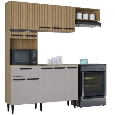 Imagem de Cozinha Dora Completa 4 Peças 10 Portas 1 Gaveta Poquema Cor Damasco Cinza Ripado 3D