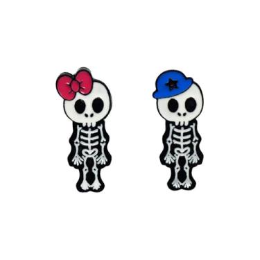 Imagem de Conjunto de 2 peças de broches esmaltados de esqueleto de caveira de Halloween para mulheres e homens laço nó estrela chapéu boné festival de terror decorações de fantasia broche broche punk joias