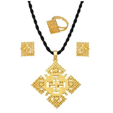 Imagem de Joias de cruz etíope preenchidas com ouro 14K para mulheres - Colar com pingente de cruz africana, brincos, anel, ornamentos religiosos tradicionais para etíope, eritreia, Israel, Nigéria (5 (45 cm