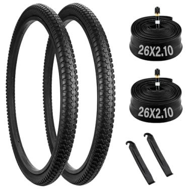 Imagem de Pacote com 2 pneus de mountain bike de 26 x 2,10, pneu e tubo de bicicleta de 66 x 2,10 com válvula Schrader, 54-559 pneus dobráveis de substituição de bicicleta de montanha com 2 alavancas de pneu
