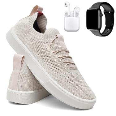 Imagem de Tênis Masculino Knit Casual Básico Calce Fácil Confortável + Fone + Relógio - Bege/44