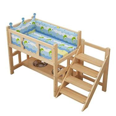 Imagem de OQOPO Dog House Cama de madeira para animais de estimação de 2 camadas, cama elevada para animais de estimação com guarda-corpo com escadas e corrimão, tigela para cães, camas de madeira para cães