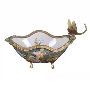 Imagem de Prato de frutas de cerâmica retrô, tigela de armazenamento floral pintada à mão criativa, fruteira decorativa para bancadas de cozinha, mesa de jantar