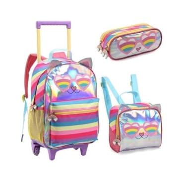 Imagem de Kit Mochila Escolar Com Rodinhas Gatinho para Menina Feminina Brilhante e Colorido