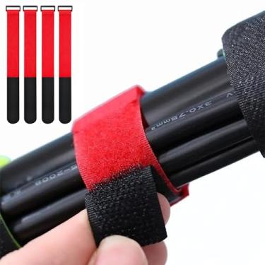 Imagem de Tiras estabilizadoras de roda de bicicleta ajustáveis vermelhas pacote com 4 tiras de gancho e laço para rack de carro e armazenamento de garagem