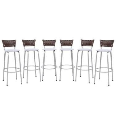 Imagem de Kit 6 Banquetas Alta Junco Argila Estrutura Prata 70cm Para Balcão Ilha Bancada Cozinha Bar Bistrô Americano - Itagold (Assento Branco)