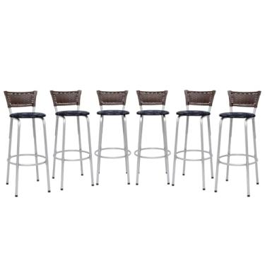 Imagem de Kit 6 Banquetas Alta Junco Argila Estrutura Prata 70cm Para Balcão Ilha Bancada Cozinha Bar Bistrô Americano - Itagold (Assento Floral Preto)