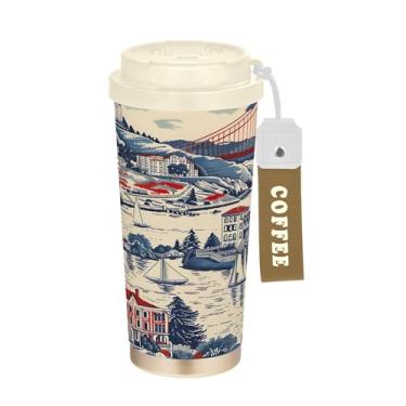 Imagem de SEHANY American Famous Landmarks Caneca de viagem de 482 g Copos de café reutilizáveis revestidos de cerâmica com tampa à prova de vazamento, parede dupla, isolamento a vácuo, copo de café de aço