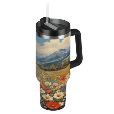 Imagem de ATTX Copo vintage de pintura a óleo de flores silvestres de 1,134 g com alça, copo de aço inoxidável a vácuo de parede dupla com palha, caneca de café de viagem isolada #851