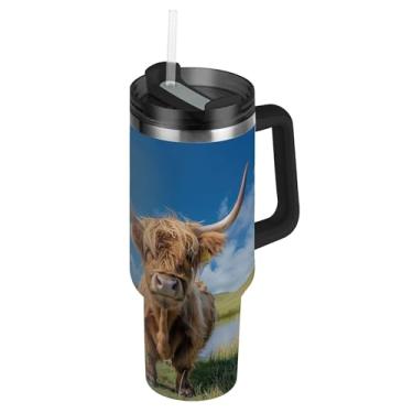 Imagem de SEHANY Copo Highland Cow 1,134 g com tampa e canudo, aço inoxidável de vácuo duplo isolado garrafa de água esportiva suporte para copo de café de viagem à prova de vazamento para bebida gelada