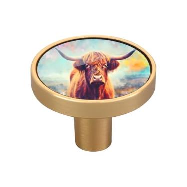 Imagem de Blueangle Pacote com 4 puxadores coloridos de armário de vaca Highland 3,5 cm puxadores de gaveta redondos para cômoda e armários de cozinha (191)