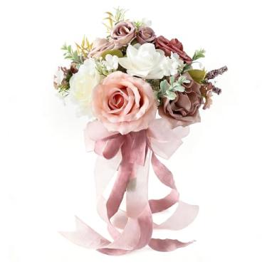 Imagem de YSOJMAN Buquê de noiva artificial de 21,7 cm - Arranjo floral rosa rosa blush para noiva, dama de honra, festa de casamento, cerimônia e decoração de casa (rosa blush)