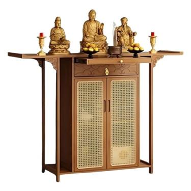Imagem de Mesa de altar de Buda de bambu vintage com armazenamento, mesa de oferta de meditação chinesa, porta de armário de vime, 160 cm (62,9") – perfeita para santuário doméstico e decoração espiritual