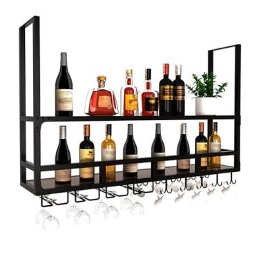 Imagem de Rack de teto para copos de vinho, barra de metal suspensa de 2 camadas com suporte de vidro, suporte de caneca e prateleira, barras de teto de metal, suporte de copo de vinho para bar, café, cozinha