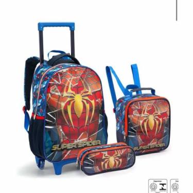 Imagem de Kit 3 Peças Mochila Rodinha Homen Aranha Laranja Estojo Com Lancheira 