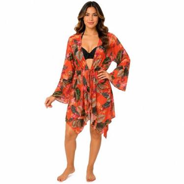 Imagem de Saída De Praia/ Kimono Com Pontas Curto Em Tule Estampado - Corpo Dour