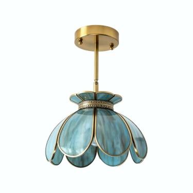Imagem de Mini luminária de teto de latão semi-embutida montada na parede ou na parede de 2 vias, flor vintage para ilha de cozinha, sala de jantar, sala de estar, arandelas. Certificação UL, azul-verde misto