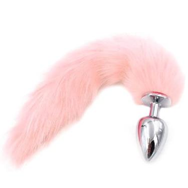 Imagem de Plug Anal Aço Inox Liso Cauda Raposa Pelúcia Rosa 8x3,4 Cm