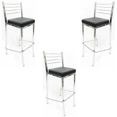Imagem de Kit 3 Banquetas EMPILHÁVEL Cromada alta assento preto - Poltronas do Sul