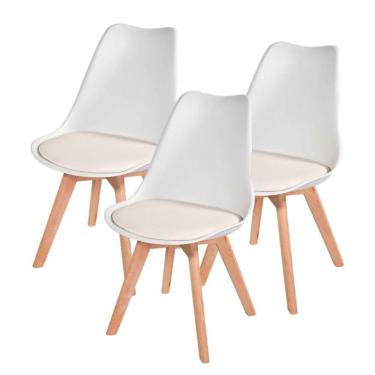 Imagem de Kit com 3 Cadeiras Leda Branca - Charles Eames Wood com Almofada