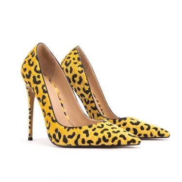 Imagem de Wwhe0514rlq Sapato feminino grande 12 cm de cabelo de cavalo salto alto moderno padrão leopardo tubo de aço dança palco boate sapatos individuais, Amarelo, US10.5 EU46