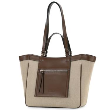 Imagem de VASCHY Bolsa feminina de lona moderna, de couro vegano, patchwork, bolsa de ombro para trabalho, Café, One Size