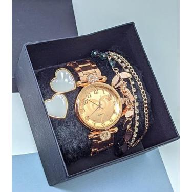 Imagem de Kit Relógio Feminino Analógico Toso Aço Inox Pedras Zircônias Quartz C