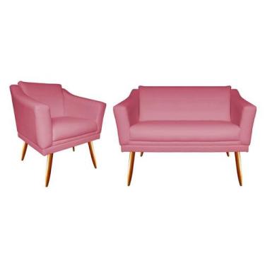 Imagem de Kit Namoradeira + 1 Poltrona Decorativa Agatha Suede Rosa Pés Madeira 