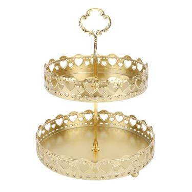 Imagem de Bandeja de Metal de 2 Camadas, Suporte de Servir de Grande Capacidade para Lanches, Frutas, Sobremesa, Bolo, Fácil Montagem e Desmontagem Toalha de Suporte de Bolo de Copo,