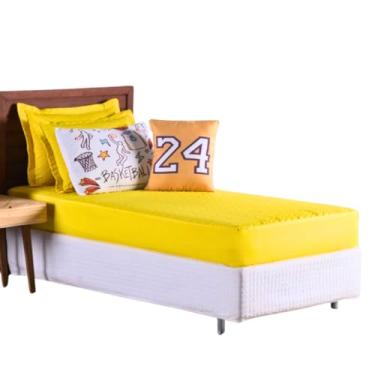 Imagem de Colcha Cobre Leito Roupa Jogo Cama Protetor Solteiro 5 Peças Matelado Quarto Criança Infantil Menino Basquete Amarelo