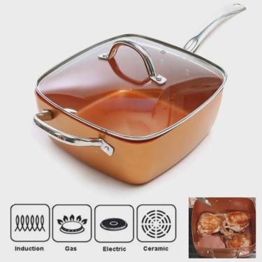 Imagem de Cerâmica antiaderente panela de cobre quadrado indução chef tampa de vidro fritar cesta...