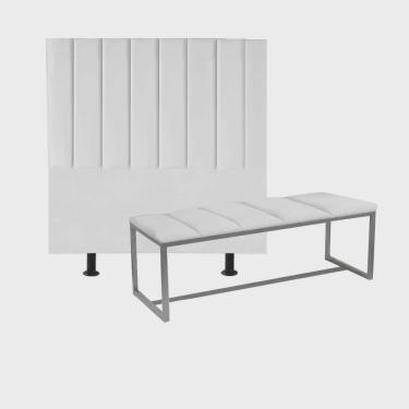 Imagem de Kit Cabeceira Carla e Calçadeira Industrial 195cm King Size Box Ferro Cinza Sintético Branco - Ahz Móveis