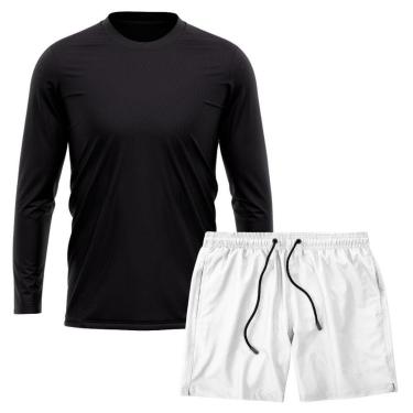 Imagem de Kit Camiseta Manga Longa Dry Preta + Short Tactel Academia Caminhada Gênero:Homem;Tamanho:M;Cor:-Masculino