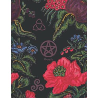 Imagem de Pentáculo: Agenda organizadora mensal e semanal Wicca Witch Planner com fases da lua roda do ano calendário datas e metas páginas pentagrama triquetra flor planta padrão preto design