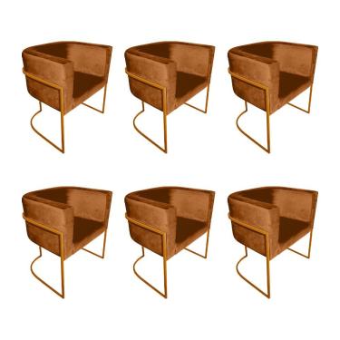 Imagem de Kit 6 Cadeiras De Jantar Premium Base De Ferro Cobre Veludo Terracota Laranja