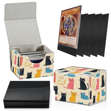 Imagem de SROJDHFJB Card Deck Box Plus 100 Counts Black Card Sleeves, Colourful Cats for Collectible MTG TCG CCG Card Storage Box Horizontal Holds 100+ Single Sleeved Cards, Magic Game Cards Organizer