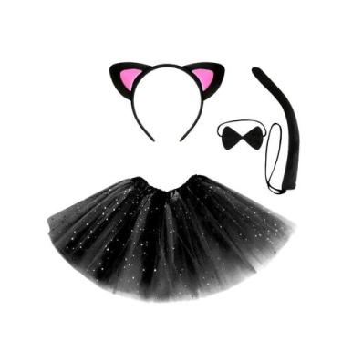 Imagem de Kit Fantasia Infantil Gatinho Halloween Saia Tule Tiara Rabo Gata Fest