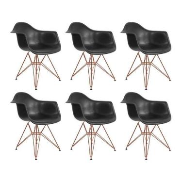 Imagem de Kit 6 Poltronas Eiffel Eames Preta Com Braço Daw Em Ferro Cobre - Cor: