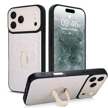 Imagem de SAKUULO Capa magnética para iPhone 17 Pro com alça de dedo para suporte, estampa de leopardo creme para mulheres e homens, capa de proteção reforçada, leopardo creme (6,3 polegadas)
