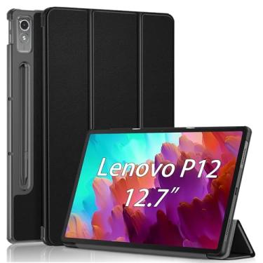 Imagem de USTIYA Capa para Lenovo Tab P12 TB371FC 12,7 polegadas, Couro Protector, Feita de PC + PU, com Função de Acordar/Aativar (Preta)
