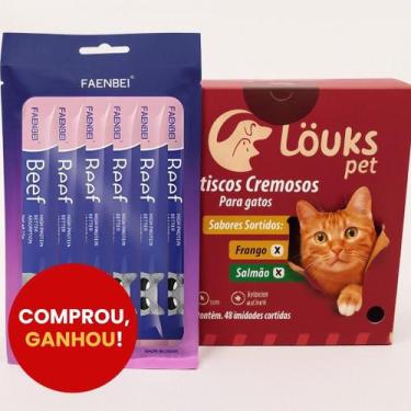 Imagem de Petisco Cremoso Gatos Louks  Caixa 48 Sabores Frango & Salmão + Brinde