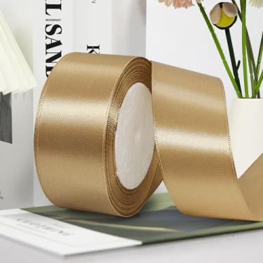 Imagem de Fita de cetim sólida, 50 metros fita de tecido artesanal para embrulho de presente buquês florais decoração de festa de casamento - 3,8 cm 50 metros, ouro champanhe