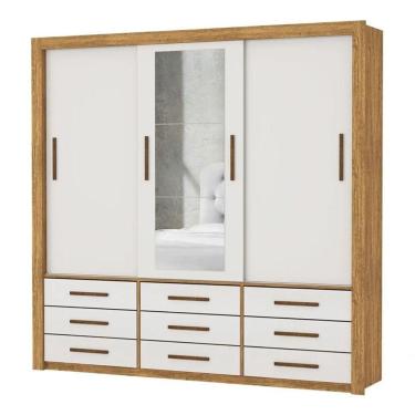 Imagem de Armareo Roupeiro Anjos 3 Portas C/espelho Central 9 Gavetas S/pe Carioca Moveis Cinamomo/off White