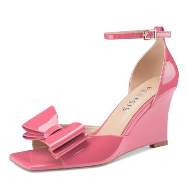 Imagem de Perisis Sandálias femininas de salto com laço aberto, bico quadrado, plataforma, sapatos femininos confortáveis e elegantes para mulheres, Patente rosa, 36