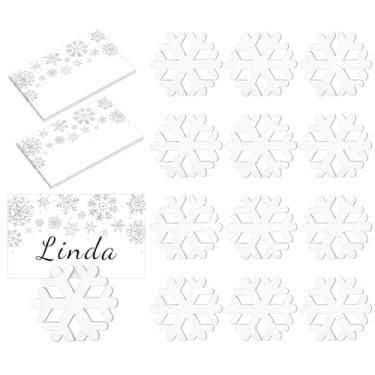 Imagem de Whaline 12 pacotes de porta-cartões de lugar de madeira de Natal com cartões de nome, prata, inverno, floco de neve, porta-cartões de etiqueta para assento de flocos de neve para decoração de mesa de