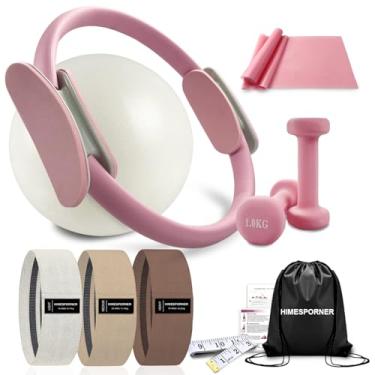 Imagem de HIMESPORNER Kit de equipamento de Pilates para treino em casa, conjunto de anel e bola de Pilates com 1 kg x 2 halteres, faixas de resistência de tecido, fita métrica, bolsa, acessórios essenciais de
