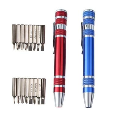 Imagem de Chave de fenda multiferramenta 8 em 1 vermelha e azul – Ferramenta de reparo de precisão magnética para minidispositivos, eletrônicos, óculos | Conjunto de chaves de fenda de bolso portátil (2 cores)
