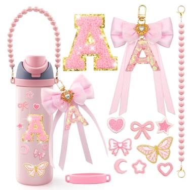 Imagem de LBU 12 peças de acessórios de letras para garrafa de água Owala 24/32/1,134 g com adesivo inicial fofo, chaveiro de letra do alfabeto de laço, alça de alça peral, decorações para copo Owala Freesip