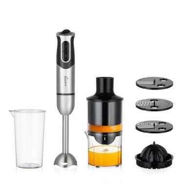 Imagem de Mixer de Mão Portátil 800W com Espremedor de Frutas e 3 Discos de Corte Kookin, 8 Velocidades Multifuncional em Aço Inox 304 (2 Lâminas Afiadas + 2 Reforçadas)Prepara um Copo de Suco de Laranja em 30s