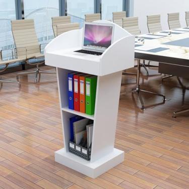 Imagem de Suporte de pódio para palestras, madeira de púlpito de igreja, suporte de pódio de madeira com área de armazenamento aberta, mesa de pódio de conferência com superfície espaçosa e placa defletora